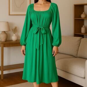 Vintage 70s Green Polyester Midi Dress Belted Long Sleeve Boho Chic